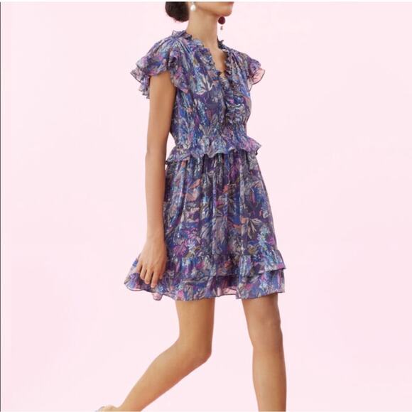 Rebecca Taylor Dresses & Skirts - Rebecca Taylor Giverney Fleur Print Silk Blend Dress M Ruffled Cocktail Romantic